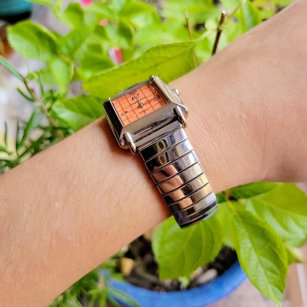 Classic Sugar Fly Quartz Womens Womans Silver & Orange Square Stretch Watch